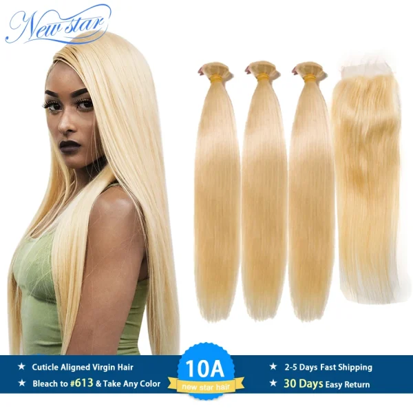 New Star Hair 613 Straight Bundles With Closure 3Pcs Honey Blonde Remy Hair Extenions And Closure 100{3f6430b6ec9b4f0b2c7ac8f208ecbbd21e2c674bf82f681950acf19b23ef2182} Brazilian Human Hair Weft