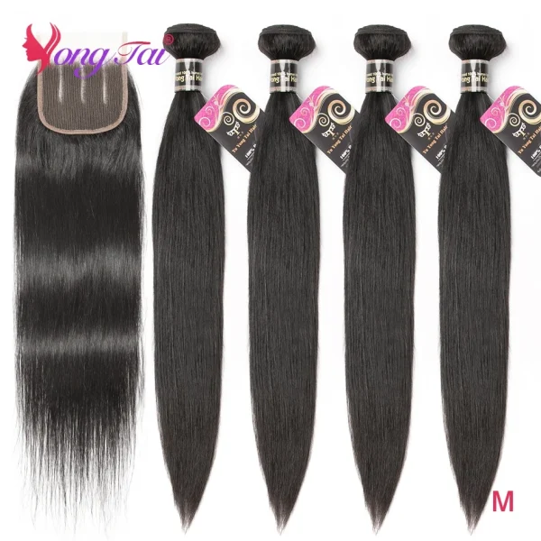 YuYongtai Brazilian Hair Weave 4 Bundles With Lace Closure Straight Human Hair Extenions Natural Color Cheap Items And Free Ship